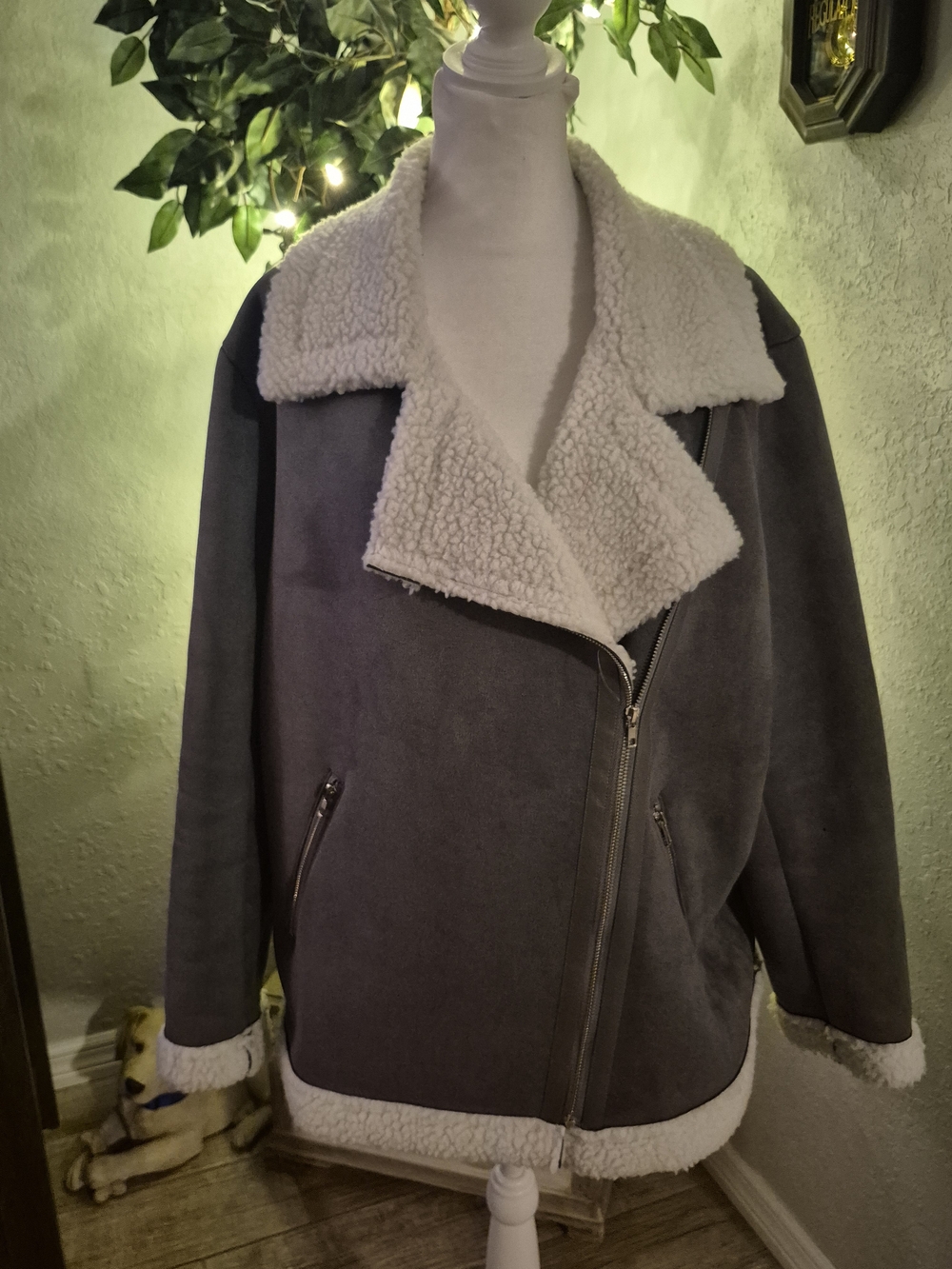 SHEIN Gray Faux Suede Teddy Jacket with White Sherpa Trim